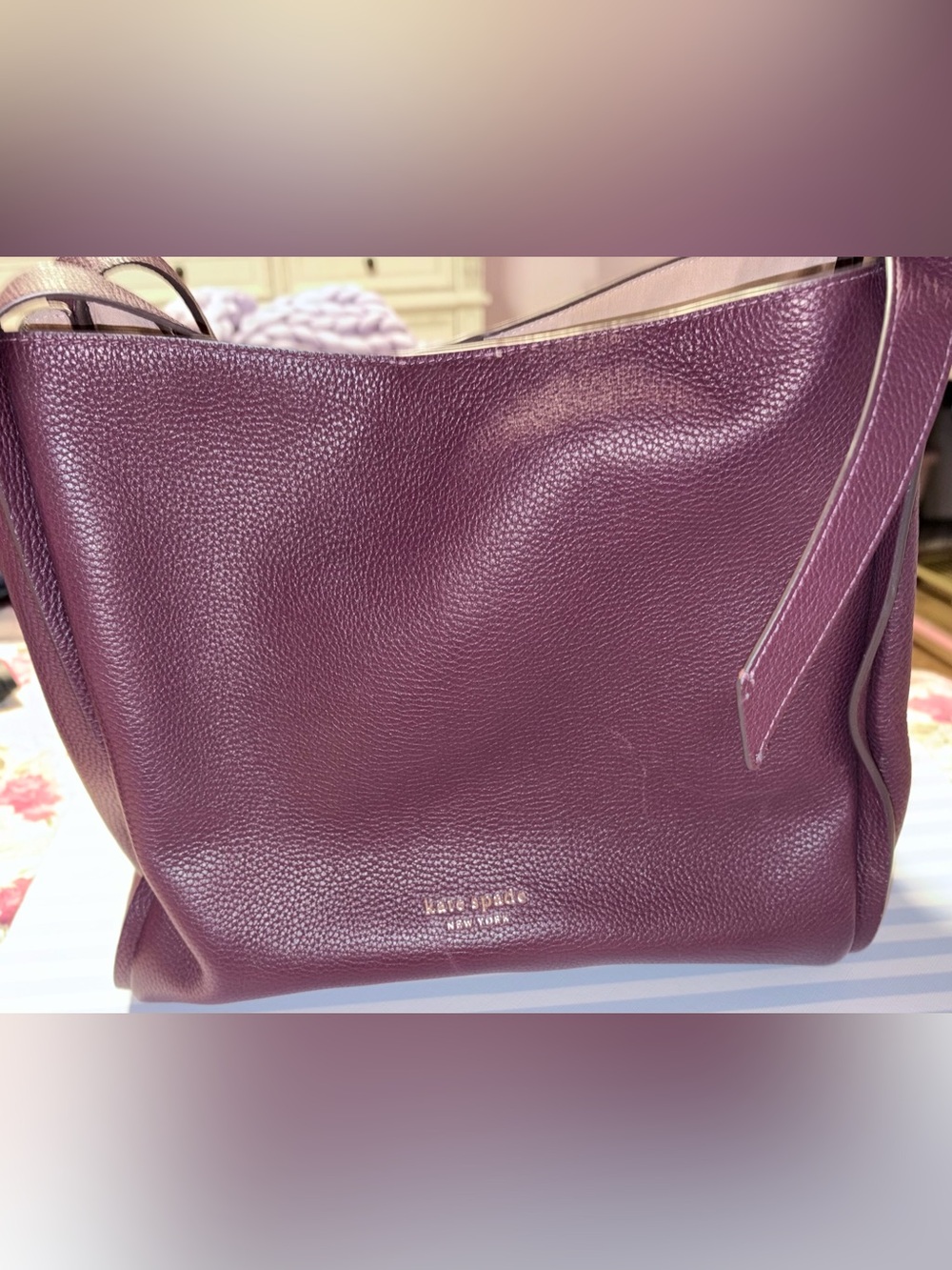 kate spade New York Knott Large Pebbled Leather Shoulder Bag Tote-Deep Plum